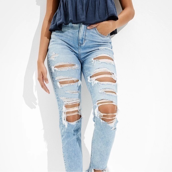 American Eagle Mom Jean Women’s 2 Blue Distressed Ripped Pants - Picture 1 of 10